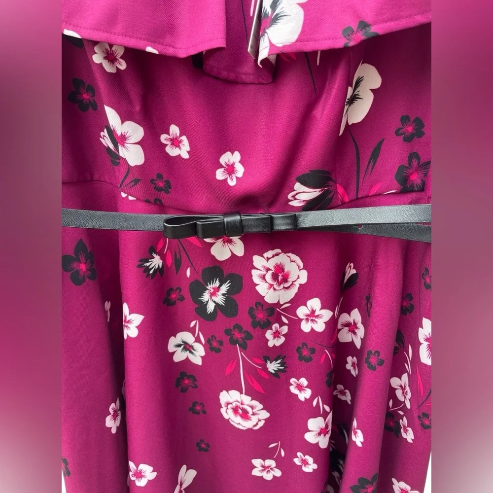 Elle Wine With Black White Floral Pattern New with‎ Belt Cold Shoulder